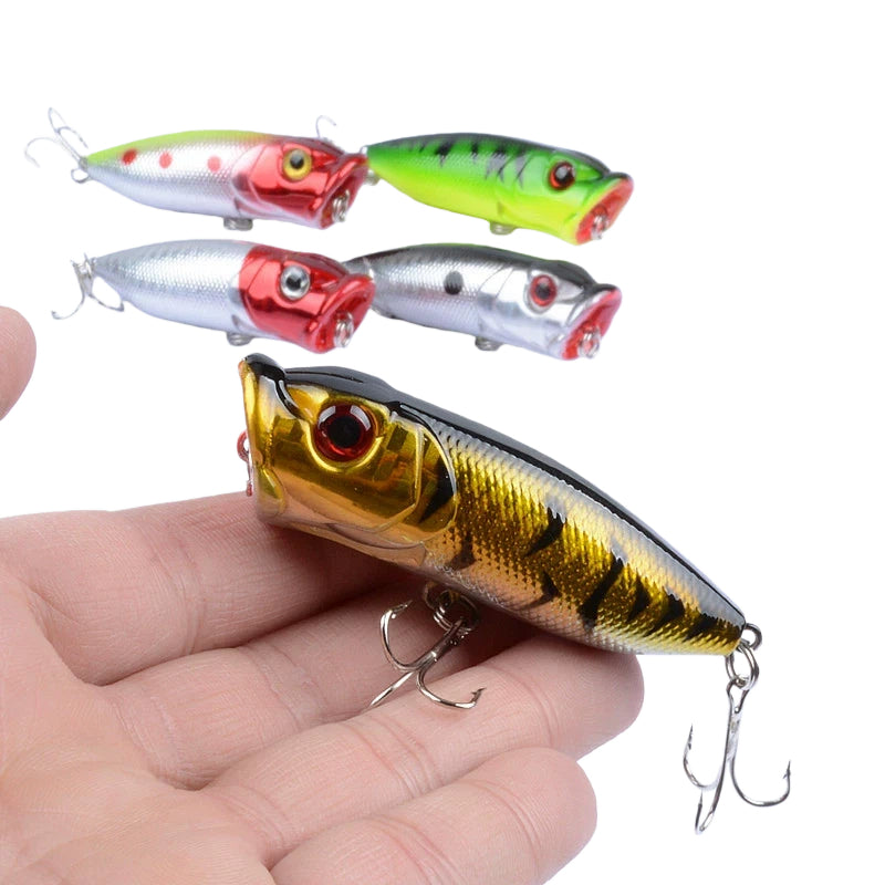 2,5" Topwater Popper Köder (0,43 oz) – Lebensechtes Fischdesign in 5 leuchtenden Farben, Oberflächenköder für Barsch, Forelle und Weißfische (Großpackung)