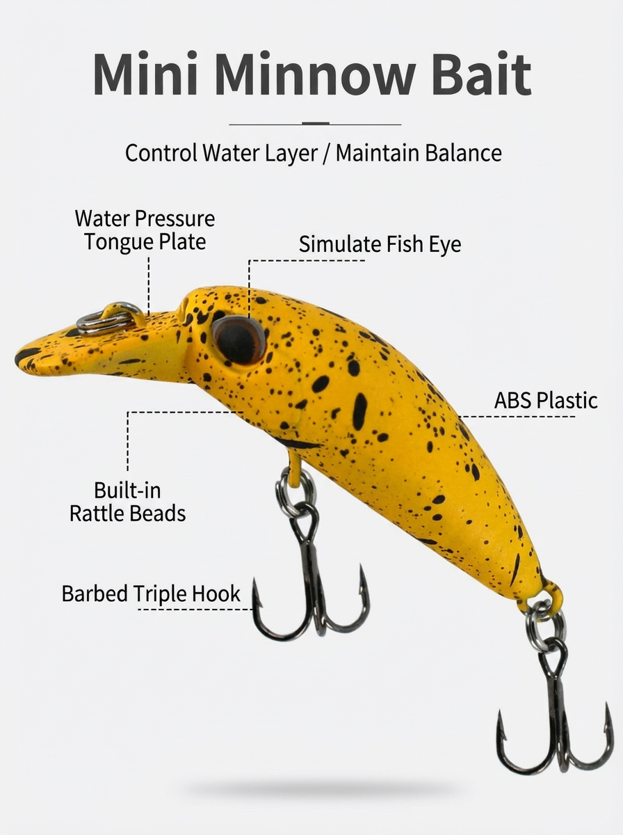 Topwater Floating Minnow Fishing Lure - 1.8" 1/10oz Ultralight Hard Bait with Diving Lip, Rattle Beads & Sharp Treble Hooks - Professional Bionic Crankbait for Bass, Crappie, Panfish & Perch - 5pc/Bulk