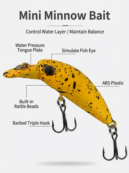 Topwater Floating Minnow Fishing Lure - 1.8" 1/10oz Ultralight Hard Bait with Diving Lip, Rattle Beads & Sharp Treble Hooks - Professional Bionic Crankbait for Bass, Crappie, Panfish & Perch - 5pc/Bulk