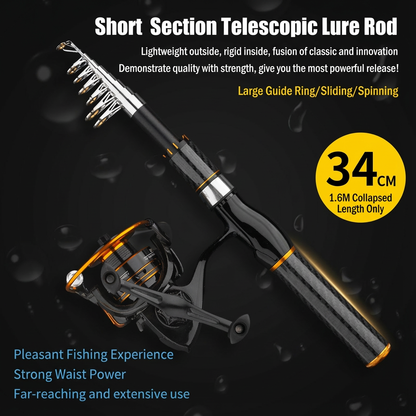 Carbon Fiber Telescopic Fishing Rod & Reel Combo Kit - Black Gold Mini Portable Travel Fishing Pole, 13.4" Collapsed, Freshwater/Saltwater w/ Accessories, Spining Reel/Baitcasting Reel