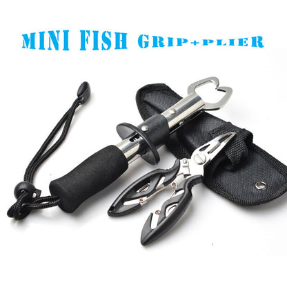 Angelwerkzeug-Set aus Edelstahl – Fischlippengreifer mit geradem Griff + Kompaktzange mit Etui, rostfrei und tragbar, ideal zum Angeln mit Kunstködern, im Salzwasser und auf Barsche. 