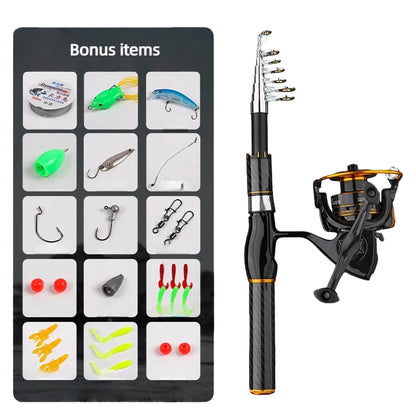 Carbon Fiber Telescopic Fishing Rod & Reel Combo Kit - Black Gold Mini Portable Travel Fishing Pole, 13.4" Collapsed, Freshwater/Saltwater w/ Accessories, Spining Reel/Baitcasting Reel