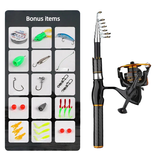 Carbon Fiber Telescopic Fishing Rod & Reel Combo Kit - Black Gold Mini Portable Travel Fishing Pole, 13.4" Collapsed, Freshwater/Saltwater w/ Accessories, Spining Reel/Baitcasting Reel