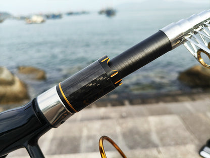 Carbon Fiber Telescopic Fishing Rod & Reel Combo Kit - Black Gold Mini Portable Travel Fishing Pole, 13.4" Collapsed, Freshwater/Saltwater w/ Accessories, Spining Reel/Baitcasting Reel