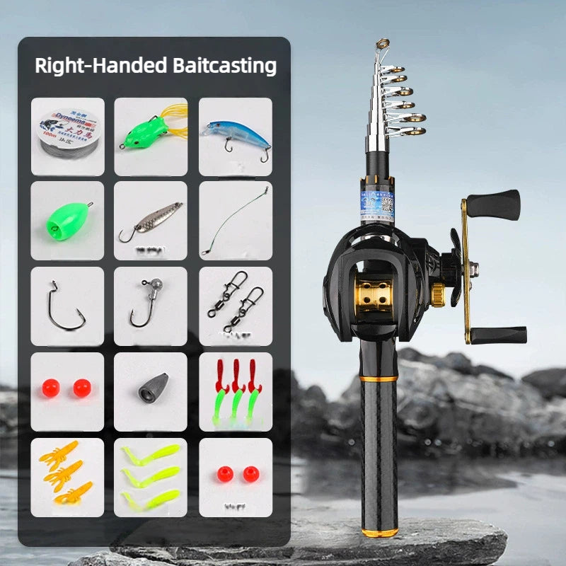 Carbon Fiber Telescopic Fishing Rod & Reel Combo Kit - Black Gold Mini Portable Travel Fishing Pole, 13.4" Collapsed, Freshwater/Saltwater w/ Accessories, Spining Reel/Baitcasting Reel