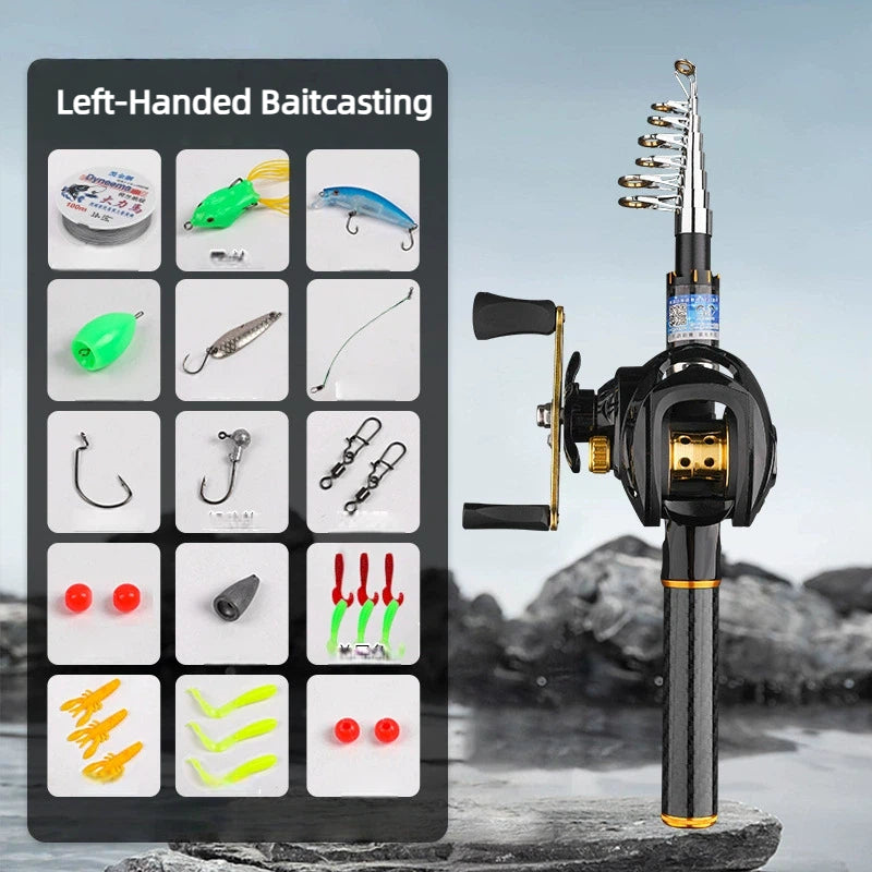 Carbon Fiber Telescopic Fishing Rod & Reel Combo Kit - Black Gold Mini Portable Travel Fishing Pole, 13.4" Collapsed, Freshwater/Saltwater w/ Accessories, Spining Reel/Baitcasting Reel