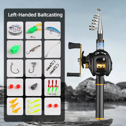 Carbon Fiber Telescopic Fishing Rod & Reel Combo Kit - Black Gold Mini Portable Travel Fishing Pole, 13.4" Collapsed, Freshwater/Saltwater w/ Accessories, Spining Reel/Baitcasting Reel