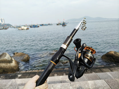 Carbon Fiber Telescopic Fishing Rod & Reel Combo Kit - Black Gold Mini Portable Travel Fishing Pole, 13.4" Collapsed, Freshwater/Saltwater w/ Accessories, Spining Reel/Baitcasting Reel