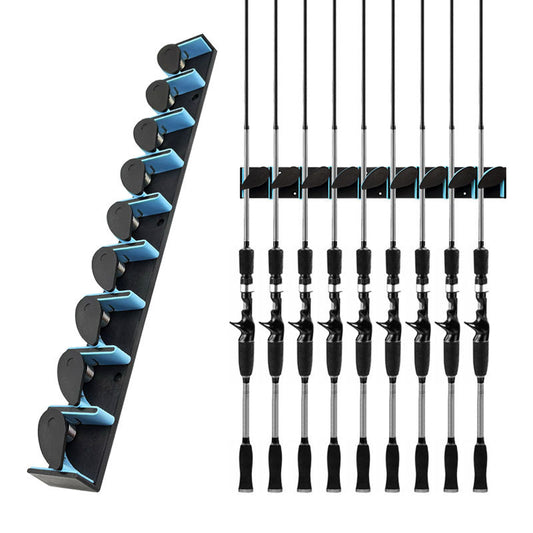 9-Hook Spring-Loaded Fishing Rod Holder – No-Drill Wall Mount Rack for Lures & Spinning Rods, Space-Saving Organizer for Garage, Balcony or Tackle Room
