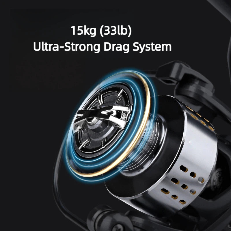 Heavy-Duty All-Metal Spinning Reel for Saltwater & Lure Fishing – 15kg Max Drag, 3+1BB Smooth Retrieve, Long Cast Design with Loud Clicker & Large Capacity Aluminum Spool