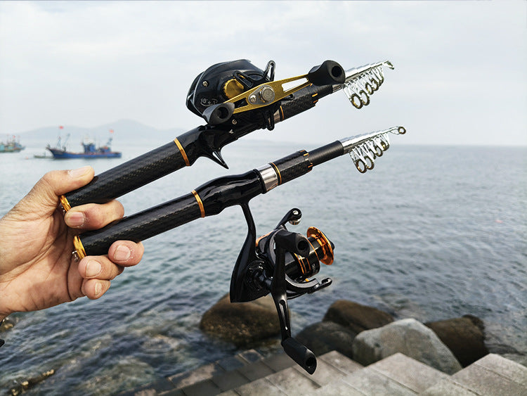 Carbon Fiber Telescopic Fishing Rod & Reel Combo Kit - Black Gold Mini Portable Travel Fishing Pole, 13.4" Collapsed, Freshwater/Saltwater w/ Accessories, Spining Reel/Baitcasting Reel