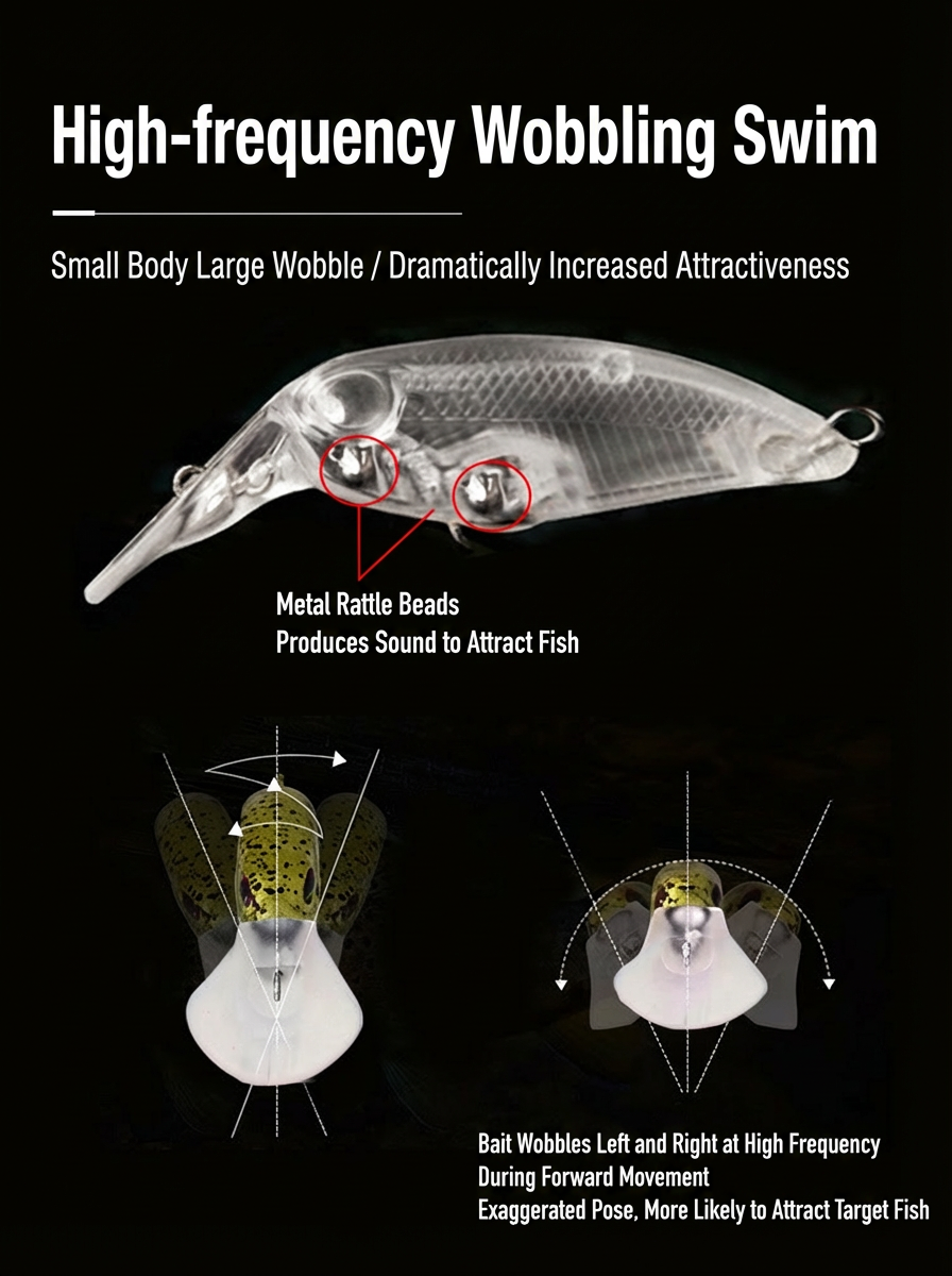 Topwater Floating Minnow Fishing Lure - 1.8" 1/10oz Ultralight Hard Bait with Diving Lip, Rattle Beads & Sharp Treble Hooks - Professional Bionic Crankbait for Bass, Crappie, Panfish & Perch - 5pc/Bulk