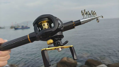 Carbon Fiber Telescopic Fishing Rod & Reel Combo Kit - Black Gold Mini Portable Travel Fishing Pole, 13.4" Collapsed, Freshwater/Saltwater w/ Accessories, Spining Reel/Baitcasting Reel